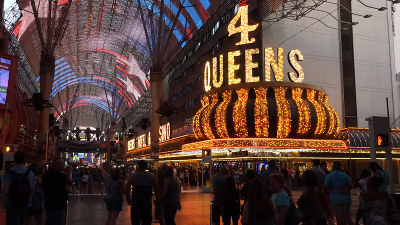The Four Queens marquee under the Fremont Street Experience LED canopy in downtown Las Vegas